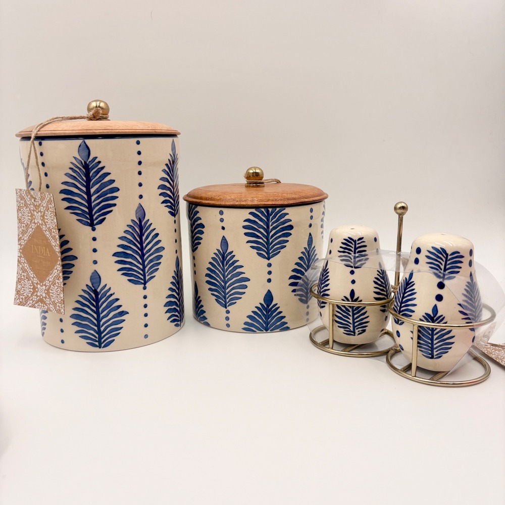 Ceramic Canister Set with Salt and Pepper Shakers Blue Leaf Hand Painted India